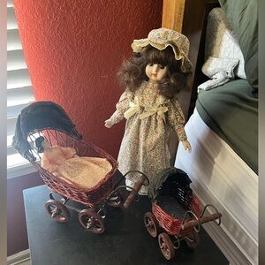 Vintage Doll with Floral Dress and Stroller Set
